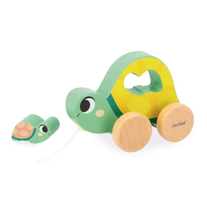 Green and yellow wooden turtle pull toy with natural wood wheels and a small baby turtle on a white string.