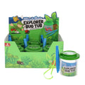 Clear bug tubs with green magnifying lids and blue tweezers in a jungle-themed display box and shown separately.