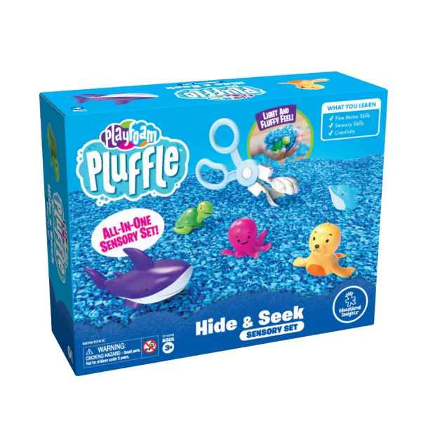 Blue box showing ocean animals like a purple shark and pink octopus in blue sensory foam with a white scoop tool.