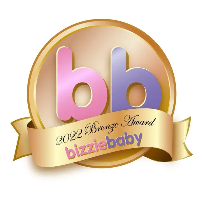 Gold circular seal with pink and purple bb logo and ribbon banner reading 2022 Bronze Award bizziebaby.