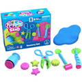 Boxed sensory sand kit with blue sand, pink and green molded shapes, and colorful blue, pink, and green plastic tools.