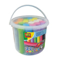Clear plastic bucket filled with thick, colorful chalk sticks in assorted bright shades with a white handle and lid.