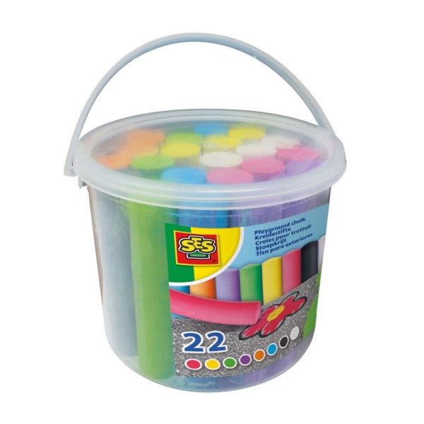 Clear plastic bucket filled with thick, colorful chalk sticks in assorted bright shades with a white handle and lid.