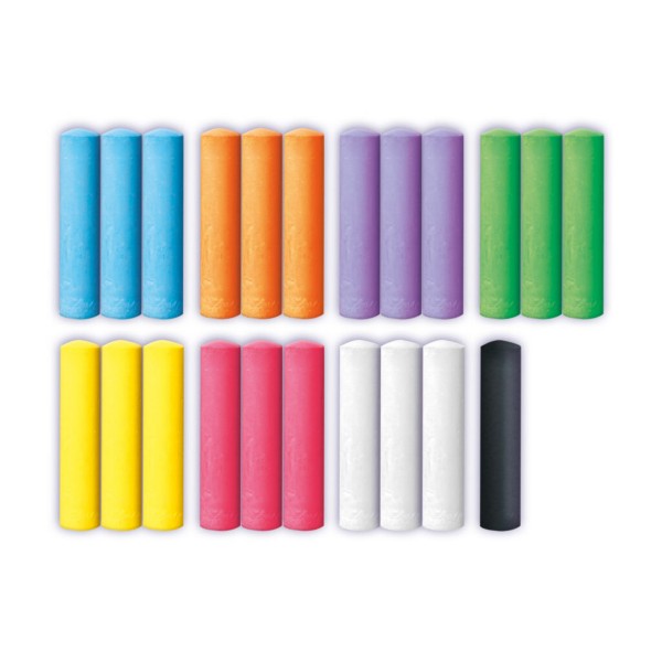 22 large sidewalk chalk sticks in blue, orange, purple, green, yellow, pink, white, and black.