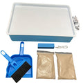 Blue and white rectangular light box with power cord, mini dustpan and brush, power bank, and two bags of sand.