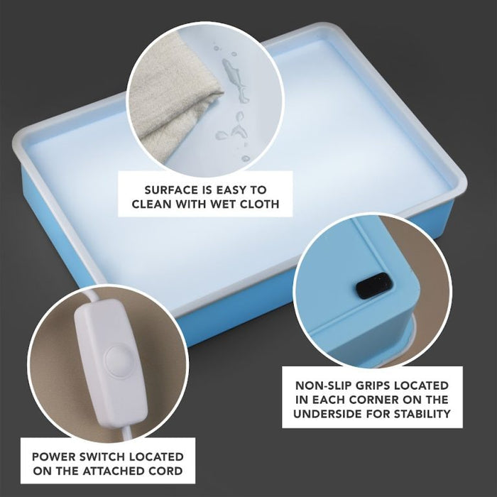 Blue rectangular light box with white top, corded power switch, and non-slip grips shown in highlight callouts.