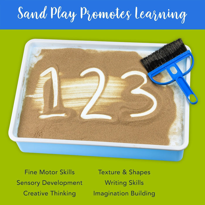 Numbers 1 2 3 drawn in a sand-filled tray with a blue brush. Text highlights educational and sensory play benefits.