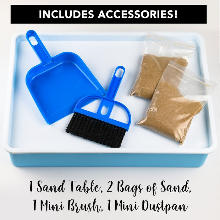 Light blue sand tray with matching mini dustpan and brush set, plus two bags of brown sand.