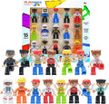 15 diverse Playmags magnetic figures with various uniforms shown in their packaging and standing in rows.