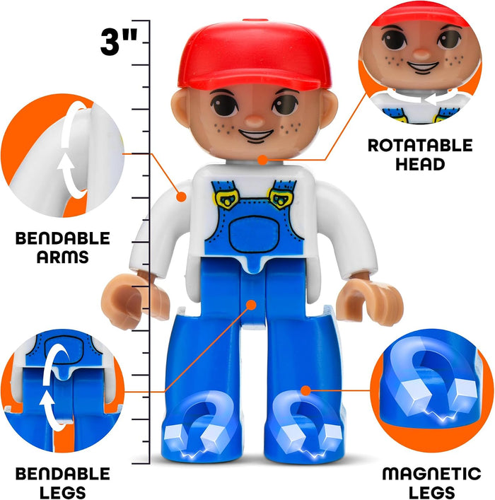 3-inch toy figure with red hat, blue overalls, rotatable head, bendable arms and legs, and magnetic feet.