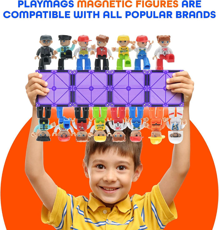 A child holds a purple magnetic tile bar with colorful community toy figures attached to the top and bottom.