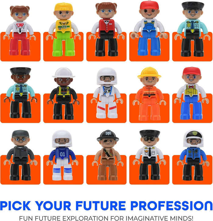 Fifteen colorful toy figures in diverse professional uniforms arranged in a grid on orange squares.