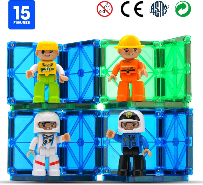 Four magnetic toy people in colorful translucent tiles: an astronaut, police officer, and two construction workers.