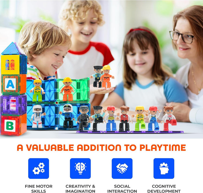 Fifteen colorful magnetic toy figures in community outfits with building blocks while children play.