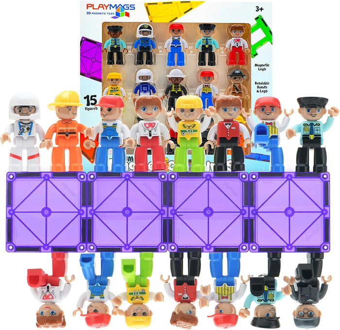 15 colorful magnetic toy people in various outfits standing and hanging upside down from purple square magnetic tiles.
