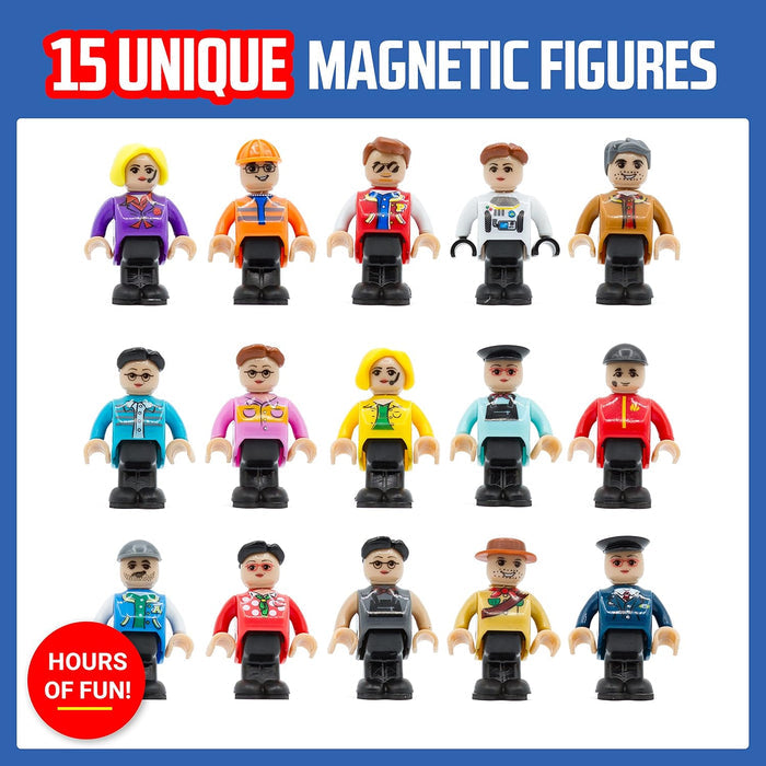 Fifteen diverse toy figures in colorful community outfits and uniforms, arranged in a grid on a white background.