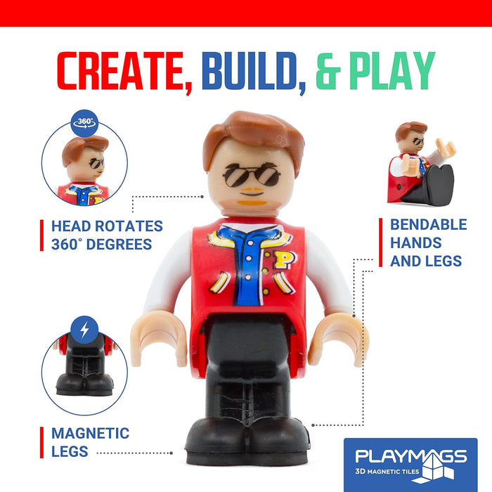 Playmags toy figure with sunglasses and red jacket. Features 360 rotating head, bendable limbs, and magnetic legs.