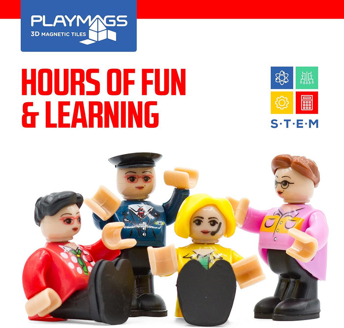 Four plastic magnetic figures in colorful outfits with movable limbs below the Playmags logo and a STEM badge.