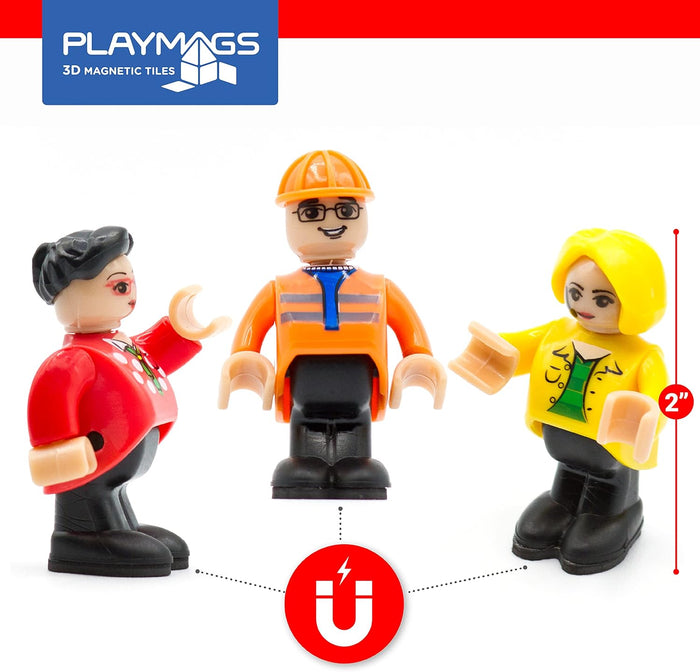 Three 2-inch magnetic toy figures: a woman in red, a construction worker in orange, and a woman in yellow.