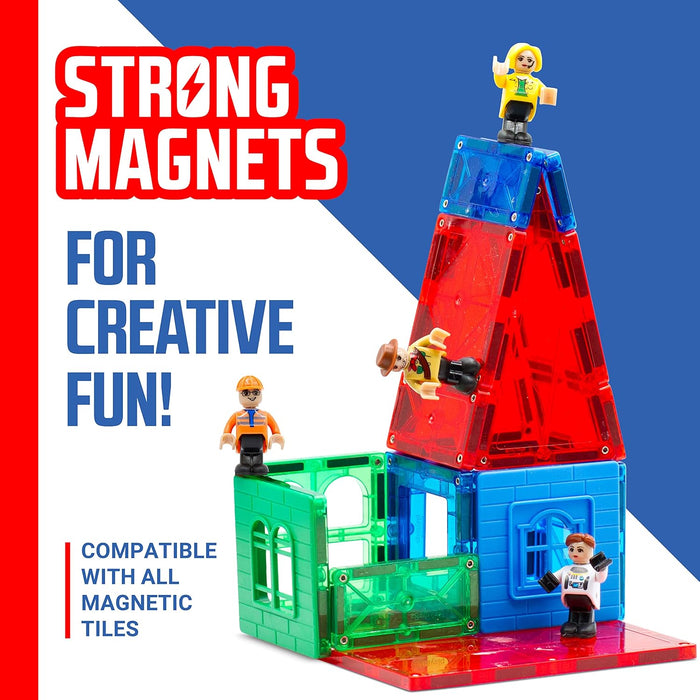 Four community figures on a colorful magnetic tile building with text Strong Magnets for Creative Fun.