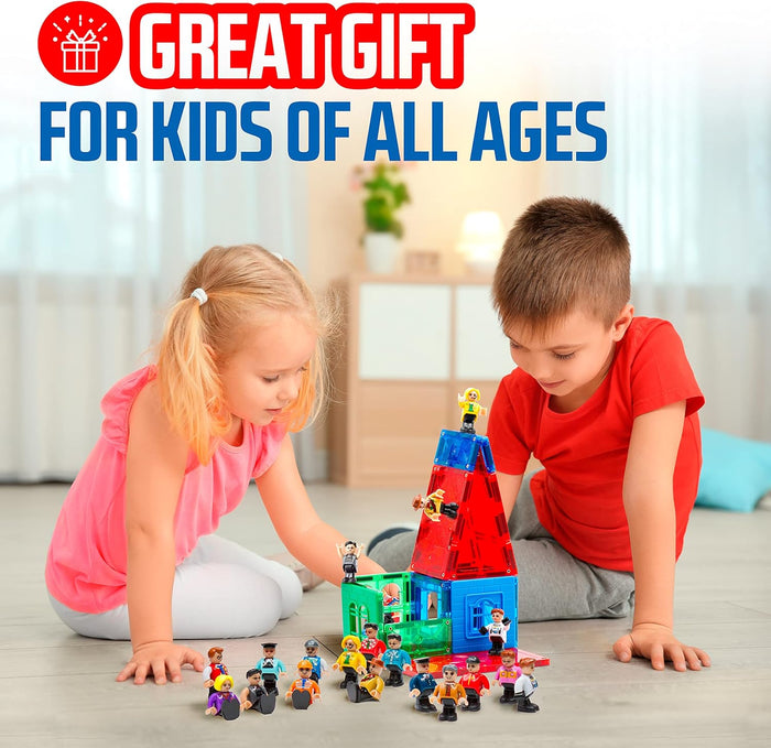Two children playing with 15 colorful community figures and magnetic building tiles on a light wood floor.