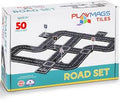 White box for Playmags 50 Piece Road Set featuring a large layout of black magnetic road tiles and signs.