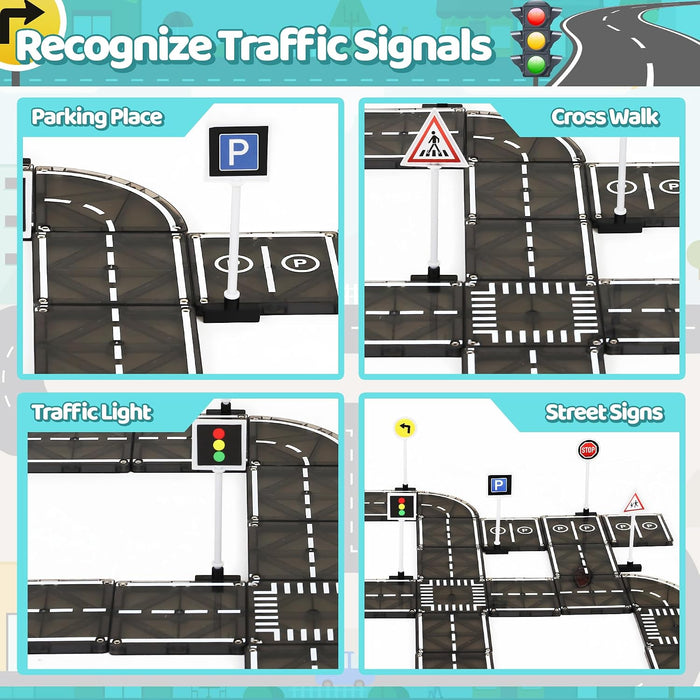 Four panels showing black magnetic road tiles with white markings, toy traffic lights, crosswalks, and street signs.