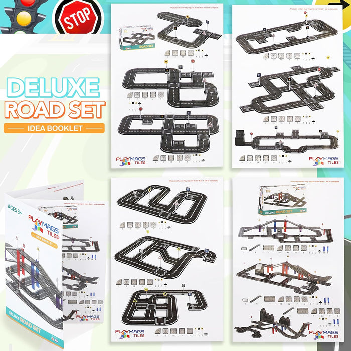 Idea booklet displaying diverse black magnetic track layouts, white road markings, ramps, and miniature traffic signs.