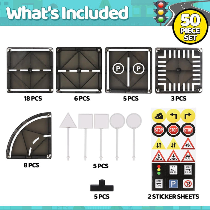 Infographic showing 50 pieces: grey magnetic road tiles with street markings, sign posts, and two sticker sheets.