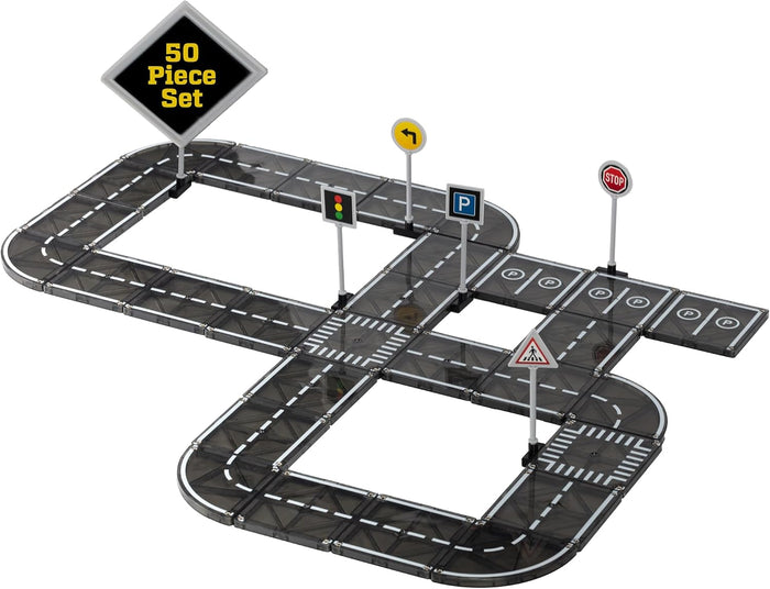 50-piece gray magnetic road track set with white lane markings, intersections, parking spots, and various street signs.