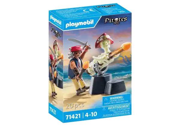 Playmobil Pirates box featuring a pirate figure and a skeletal cannon firing a projectile on a beach scene.
