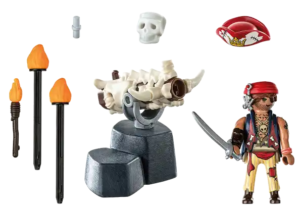 Playmobil pirate with sword, bone-shaped cannon on stone base, skull, red pirate hat, and three torches.