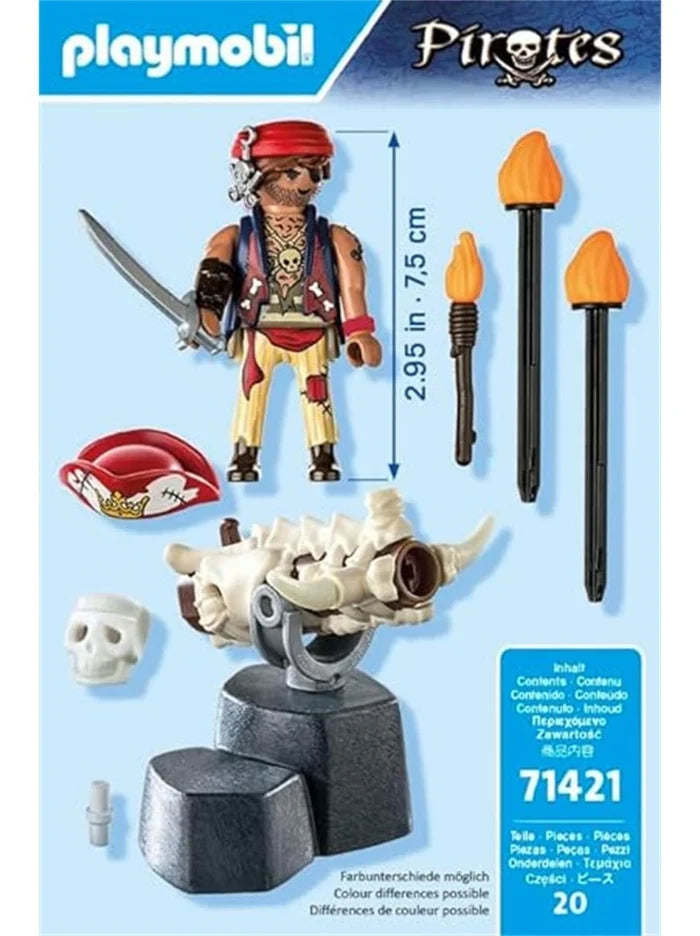Playmobil pirate with sword, bone cannon, torches, and skull accessories on a light blue background.