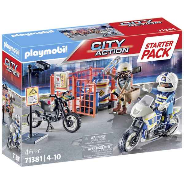 Playmobil City Action Police Starter Pack box with a police motorcycle, dirt bike, two figures, and orange storage cage.