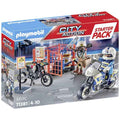 Playmobil City Action Police Starter Pack box with a police motorcycle, dirt bike, two figures, and orange storage cage.