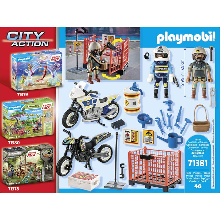 Playmobil police set with figures, motorcycles, and orange cage on a blue background with various tool accessories.
