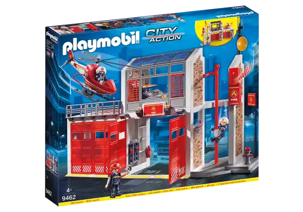 Playmobil 9462 Fire Station box art with a two-story building, red doors, fire helicopter, and three firefighter figures.