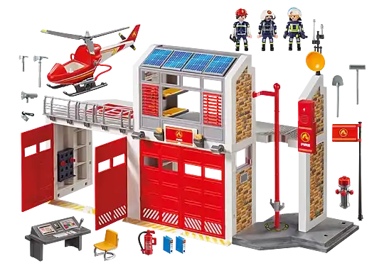 Toy fire station set featuring a red helicopter, three firefighters, garage, solar-paneled roof, and fire pole.