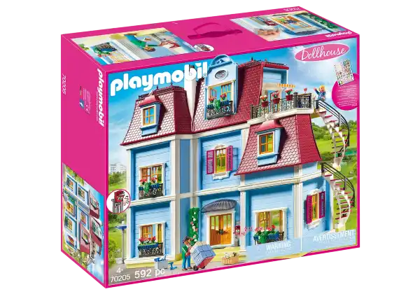 Pink box for Playmobil 70205 Victorian dollhouse in light blue with red roof, spiral stairs, and figures.