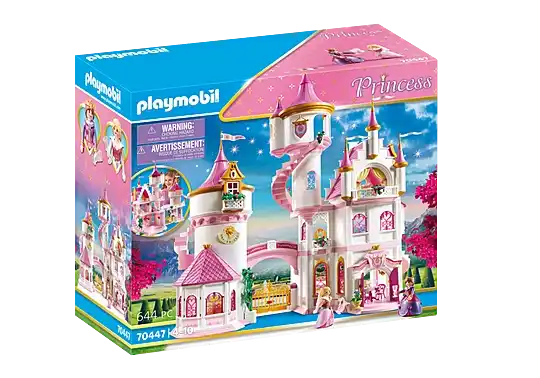 Playmobil box showing a large white and pink toy castle with towers, figures, and a spiral staircase.