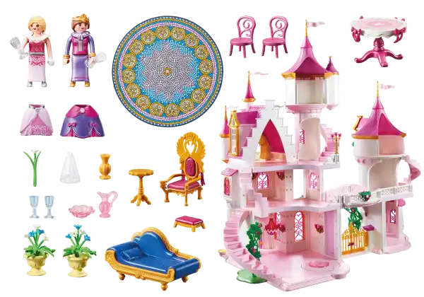 Multi-level pink and white Playmobil castle with two figures, throne, blue chaise, mosaic rug, and royal accessories.