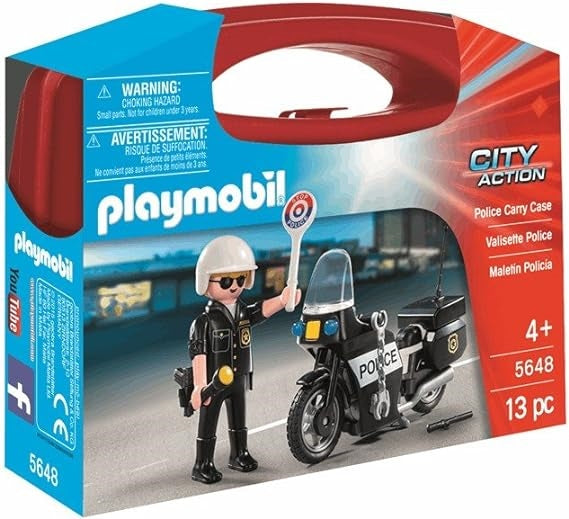 Red toy carry case featuring a Playmobil police officer with a white helmet and stop sign next to a black motorcycle.