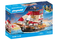 Blue Playmobil box for set 71418 featuring a brown pirate ship with red skull sails and two figures on the ocean.
