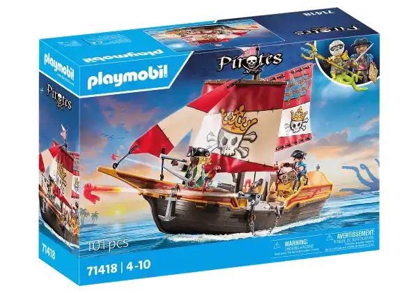 Blue Playmobil box for set 71418 featuring a brown pirate ship with red skull sails and two figures on the ocean.