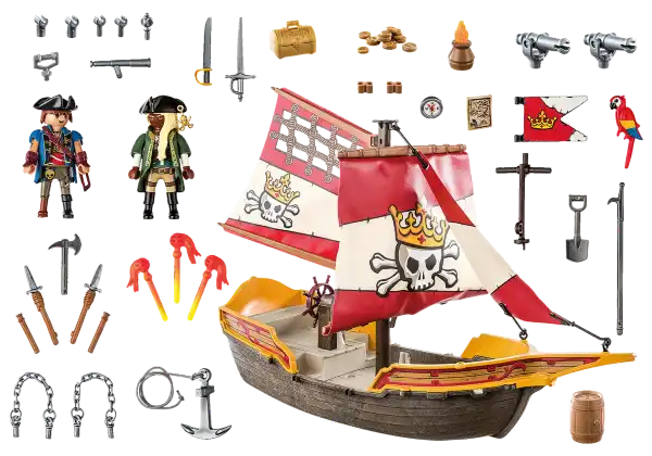 Toy pirate ship with red skull sails, two figures, and accessories like cannons, treasure, a parrot, and an anchor.