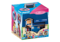 Colorful toy box with a carry handle, featuring a blue-roofed house, family figures, and photos of kids playing.