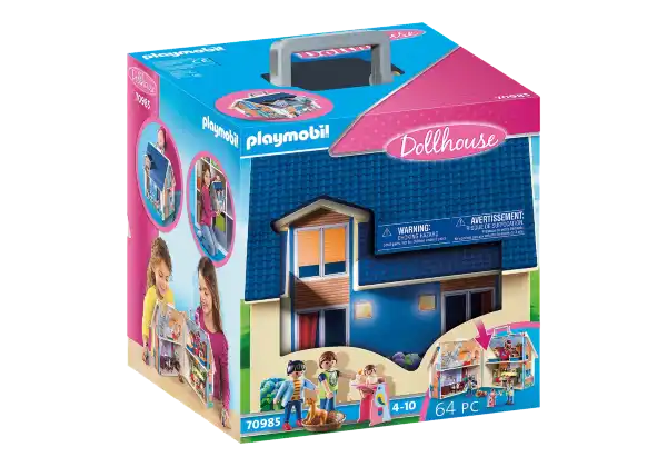 Colorful toy box with a carry handle, featuring a blue-roofed house, family figures, and photos of kids playing.