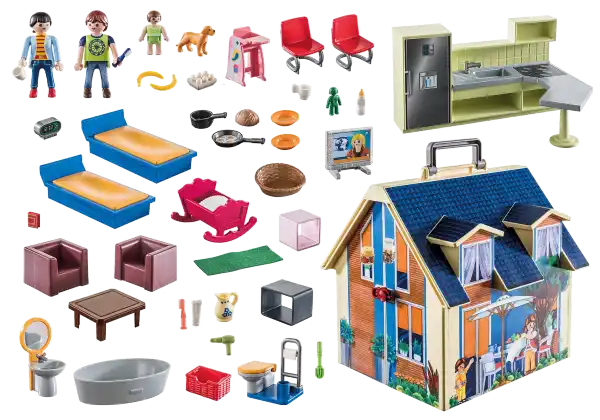 Playmobil portable dollhouse with blue roof, three figures, a dog, and assorted furniture and kitchen accessories.