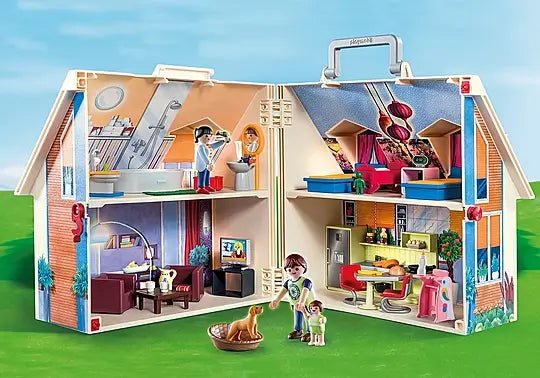 Portable cream and orange dollhouse opens to show four furnished rooms with figures and a dog on green grass.