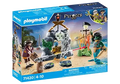 Blue Playmobil Pirates box featuring a pirate, mermaid, and golden treasure chest in a skull-shaped rock cave.